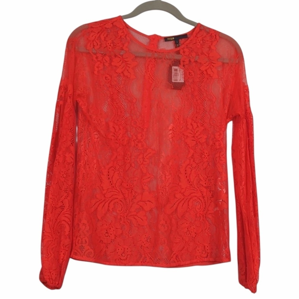 ✅ NWT Maje Lace Puff Sleeve Top Red-Orange with Button Details Size 1 Small